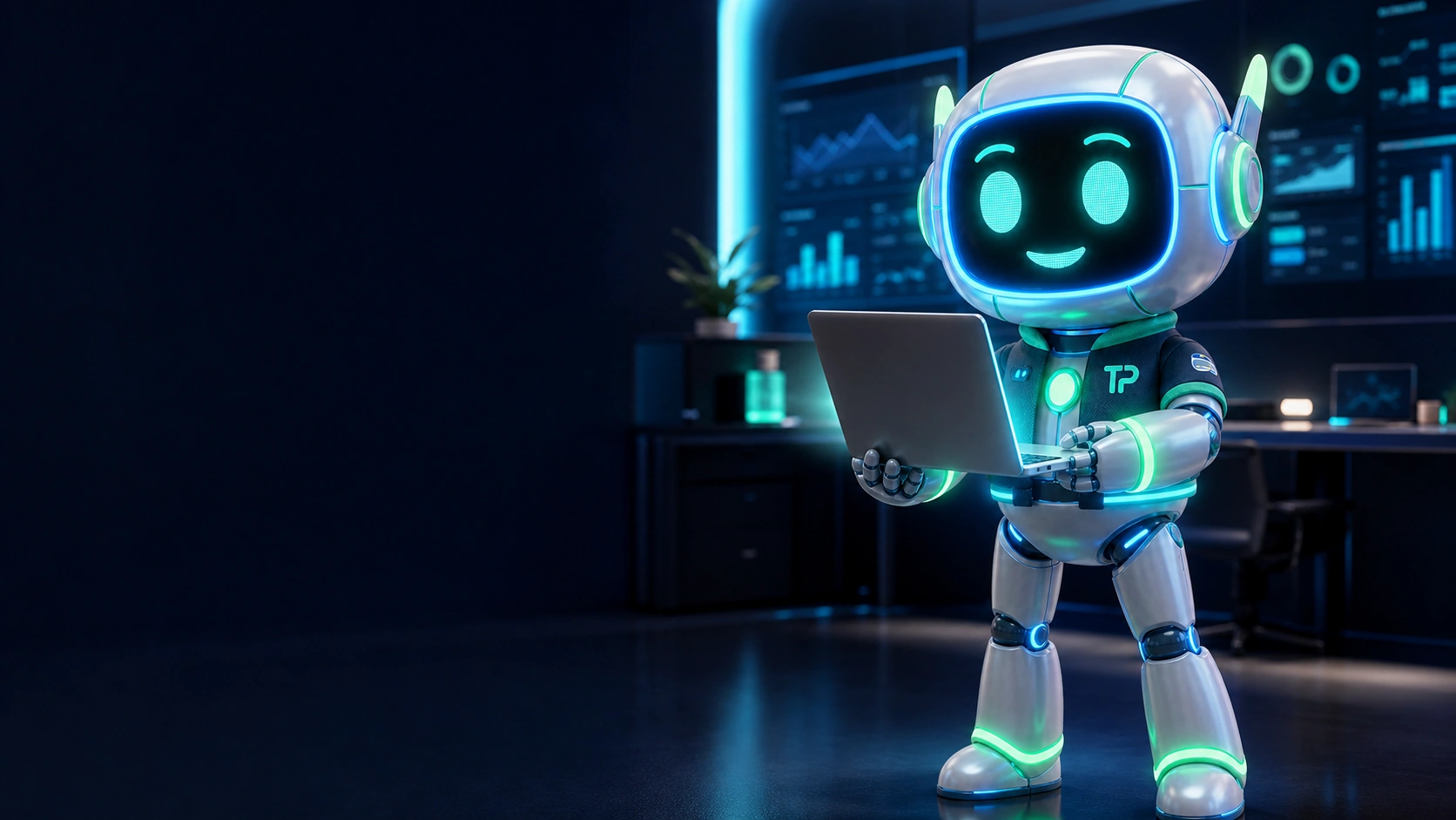 Prontinho, o mascote da TudoPronto, usando um notebook para resolver a operação de um negócio